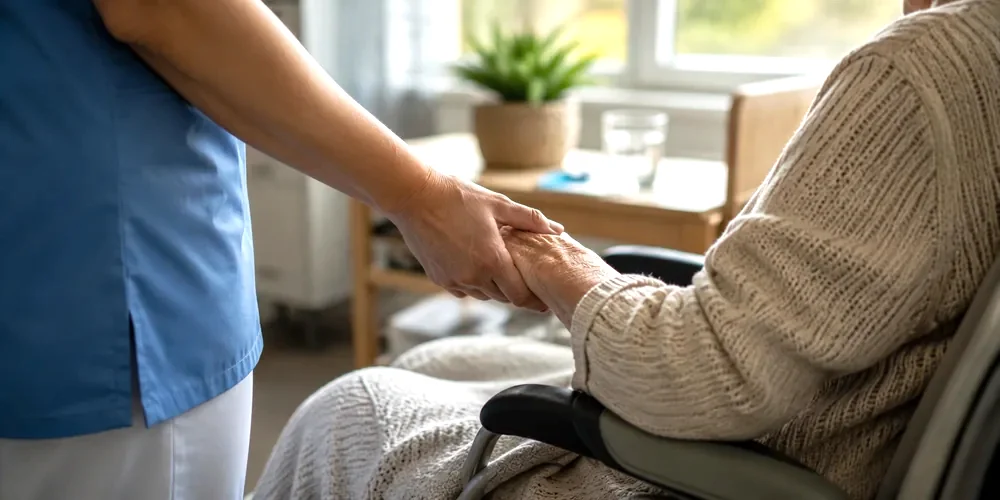 Pflegekraft hält die Hand einer Seniorin