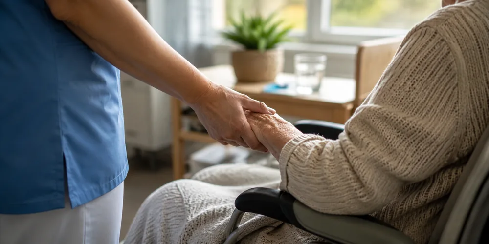 Pflegekraft hält die Hand einer Seniorin im Rollstuhl in einem hellen Wohnzimmer